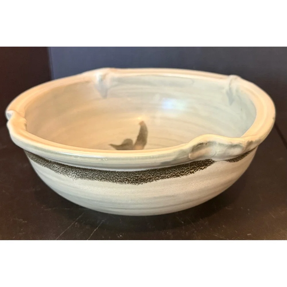 Studio Art Pottery Serving Bowl Grey Signed Artisan Stoneware Leaf Statement